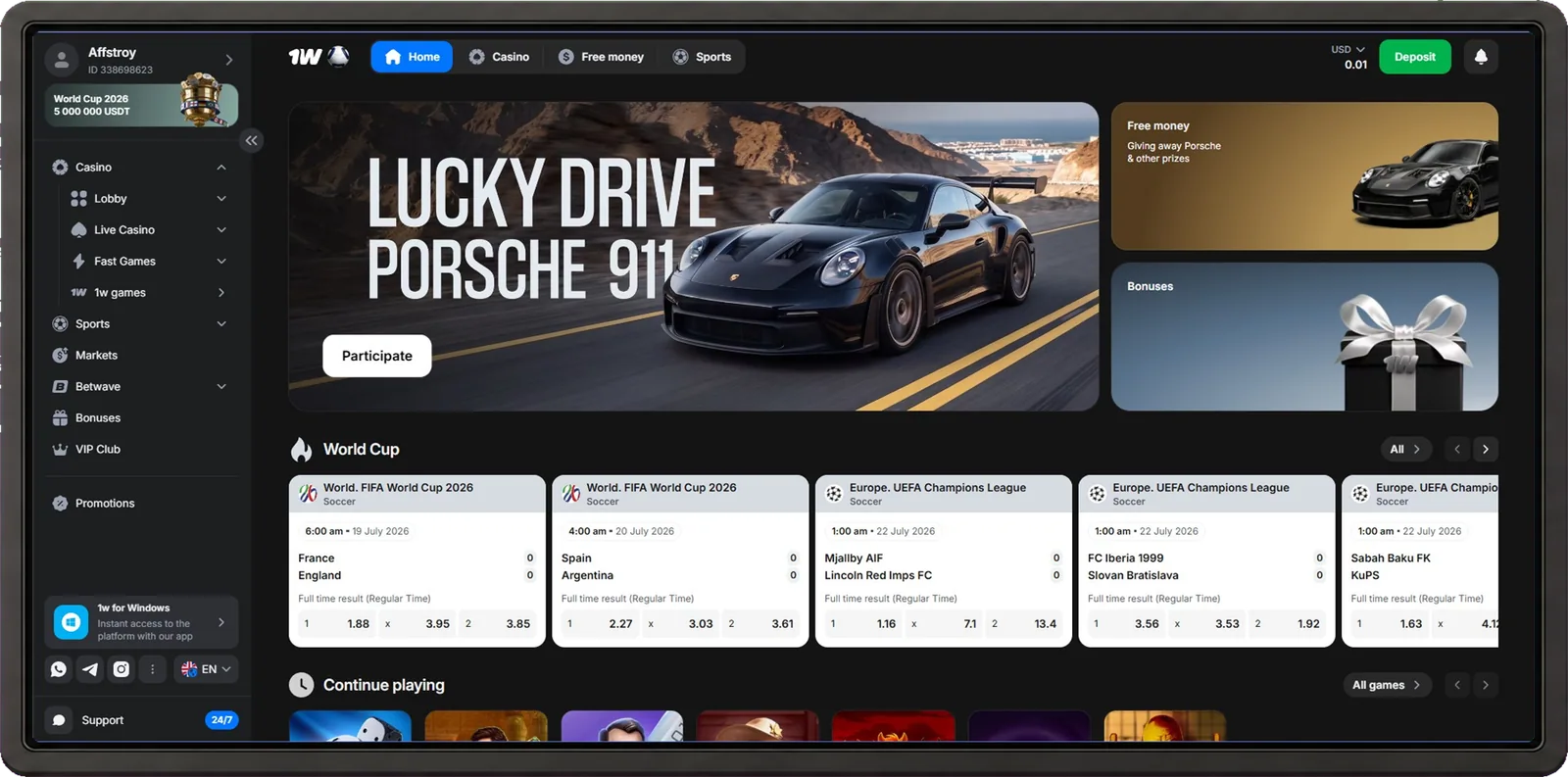 1win desktop interface