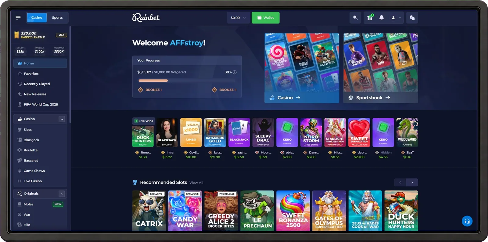 Rainbet desktop interface