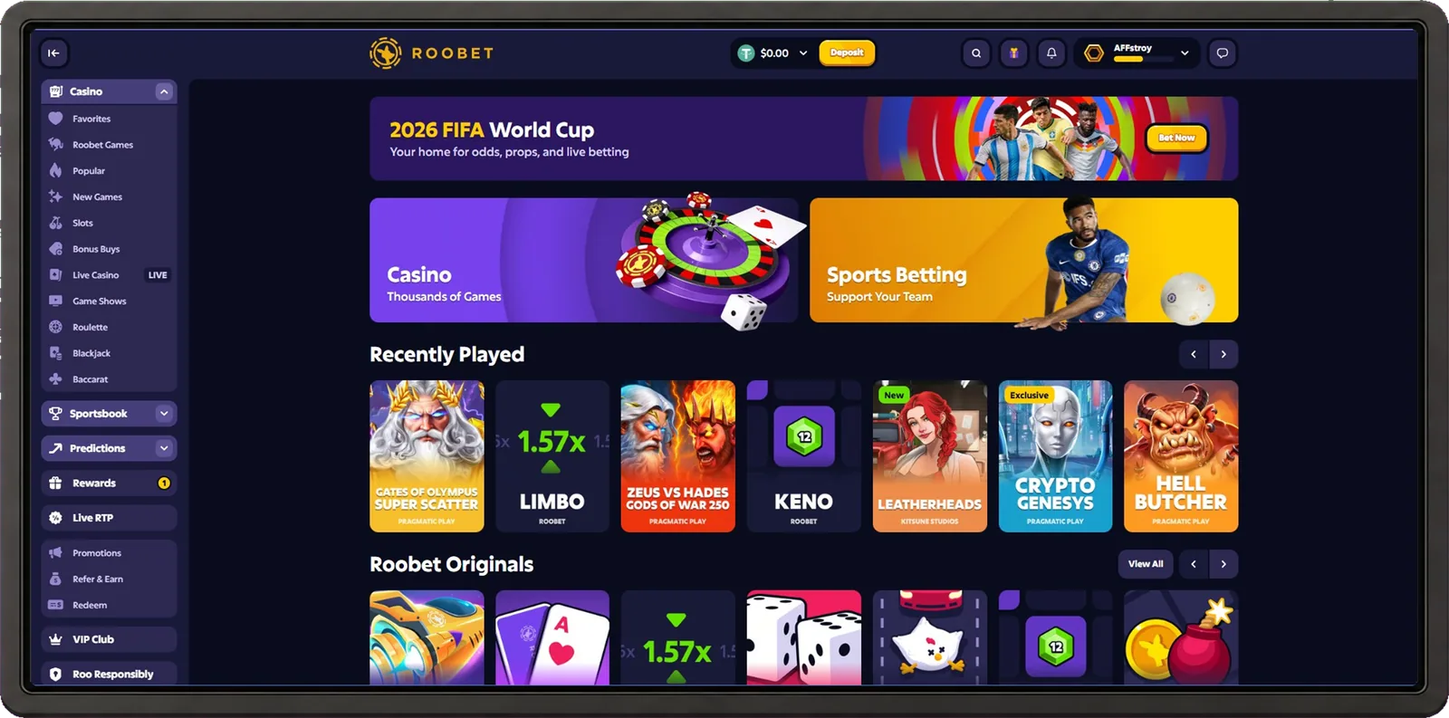 Roobet desktop interface